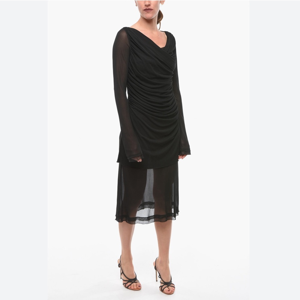 Salvatore Ferragamo Black Draped Mesh Midi Dress | Sheer Long Sleeve Ruched M